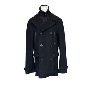 Zara Mens Wool Pea Overcoat Size L Long Double Breasted Full Zip Lined Pockets